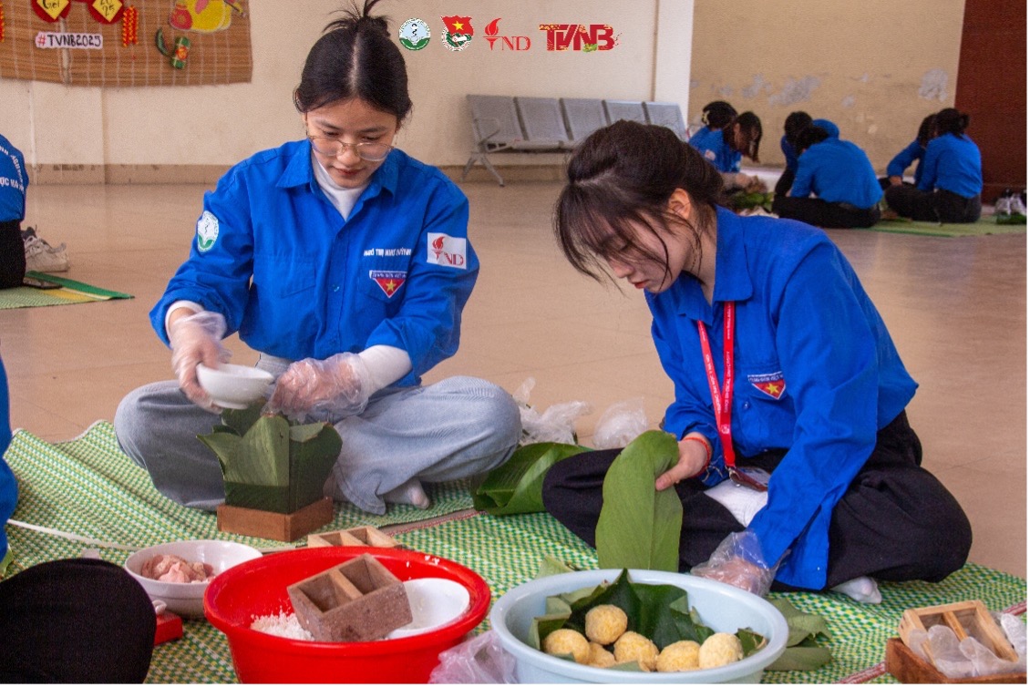 Ảnh: Các bạn sinh viên trường Đại học Dược Hà Nội tham gia gói bánh chưng